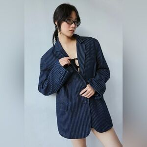 AFRM Joette Oversized Cotton Blend Blazer - Navy Pinstripe Jacket